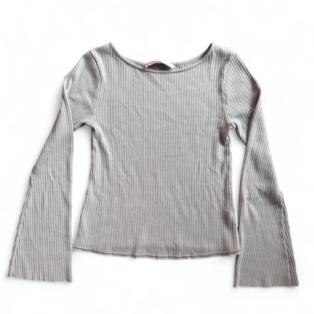 Free People Beach Grey Ribbed Long Sleeve Bell Sleeve Sweater
